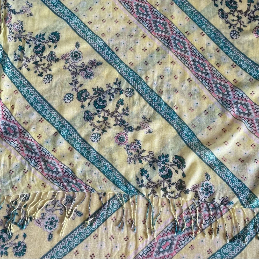 Esprit Bohemian Scarf Pashmina 72x30 Tassels Light Weave Yellow Blue Pink Floral